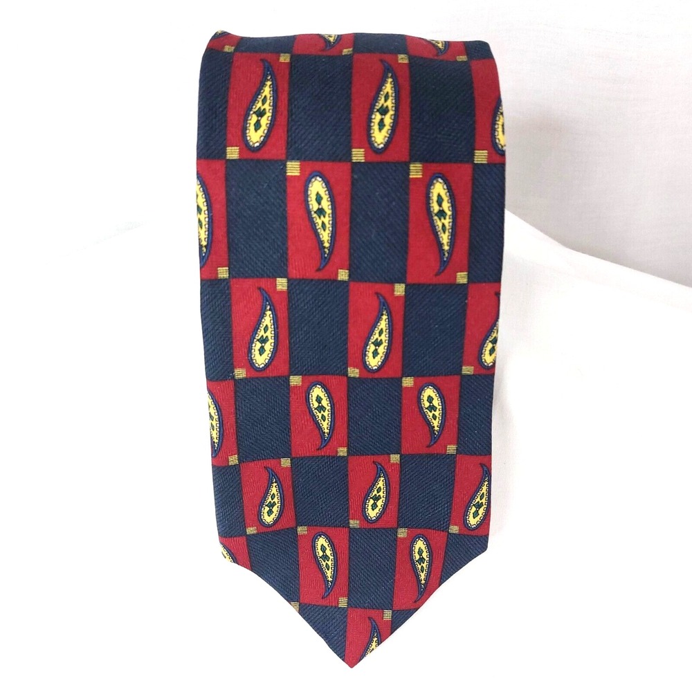 Vtg Parisian Signature Mens Silk Tie‎ Red Navy Check Paisley Necktie 58"x4"